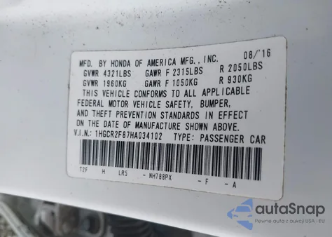 2017 Honda Accord Ex-L z USA, uszkodzony, nr VIN 1HGCR2F87HA034102